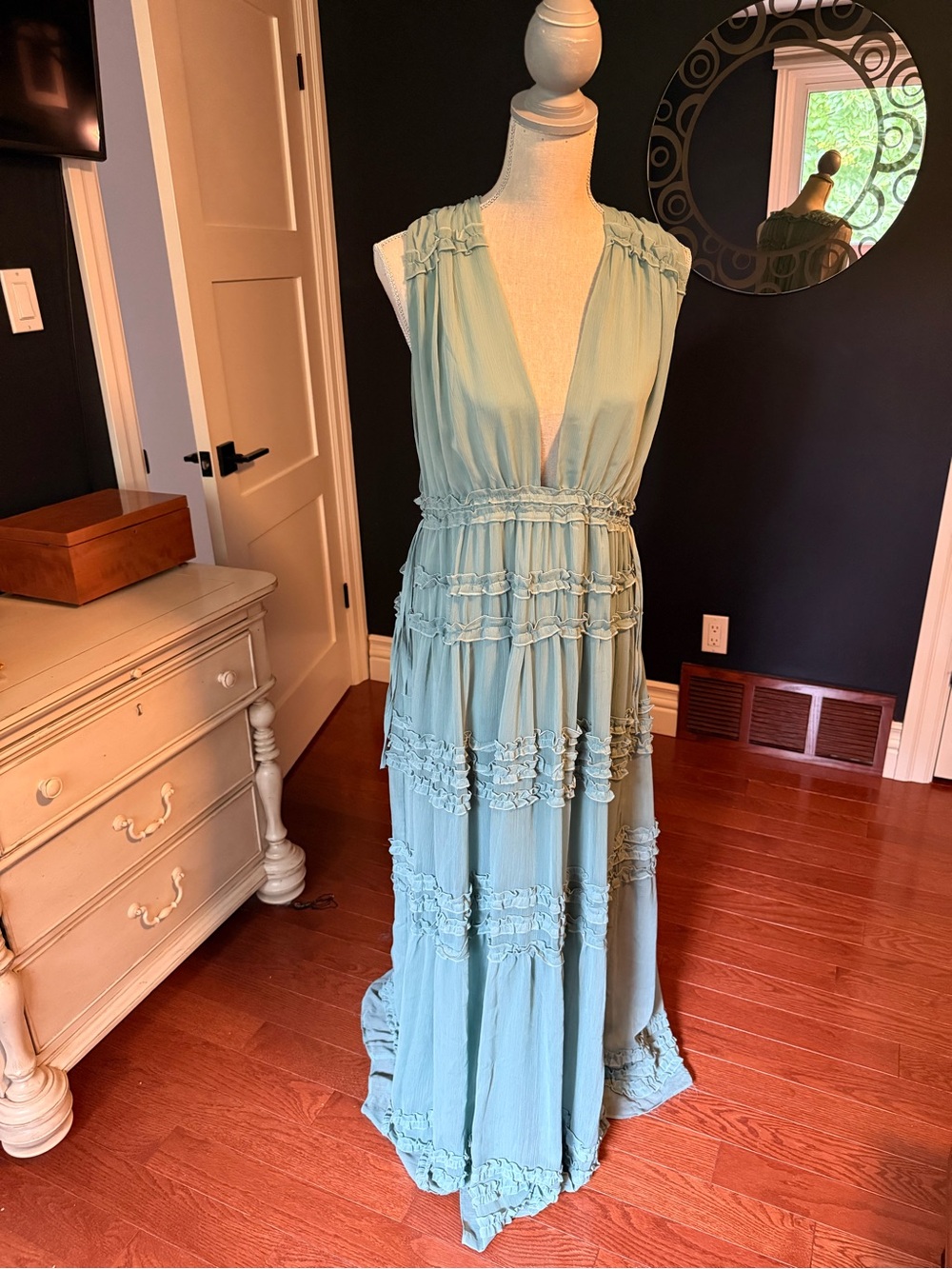 Vici Sage Green Sleeveless V-Neck Ruffle Maxi Dress - Grecian Godess